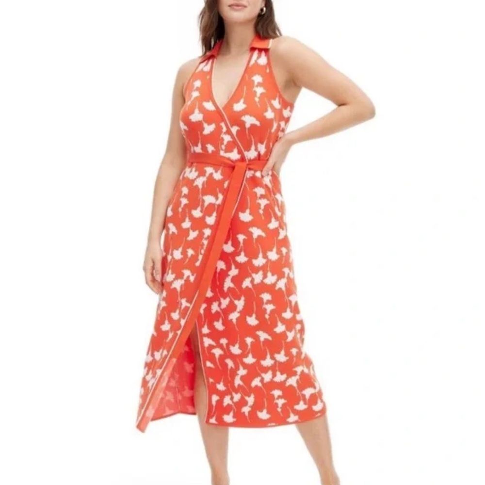 Diane Von Furstenberg Orange and White Halter Wrap Midi Dress